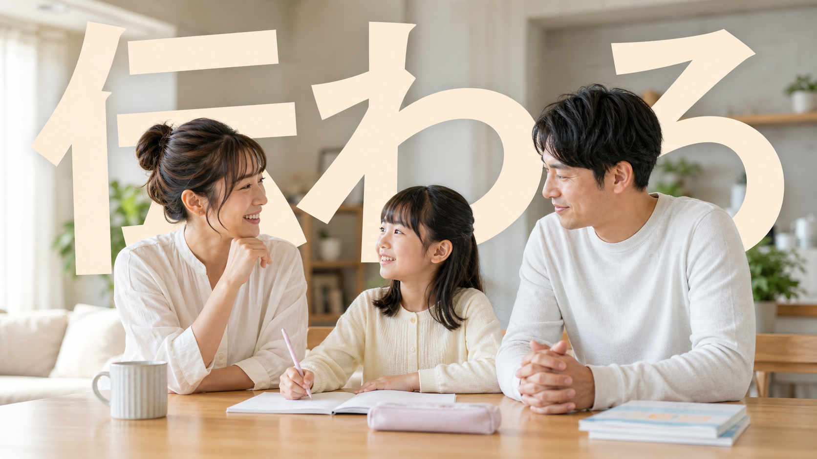 親子が食卓でやさしく会話するコミュニケーション学習のイメージ