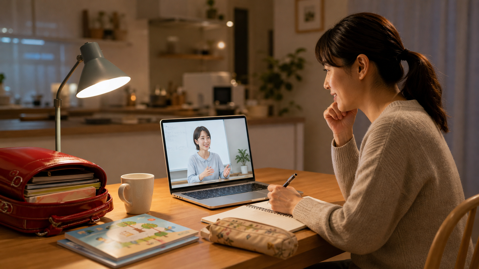親が夜に動画講座を見ながら子どもへの伝え方を学ぶイメージ