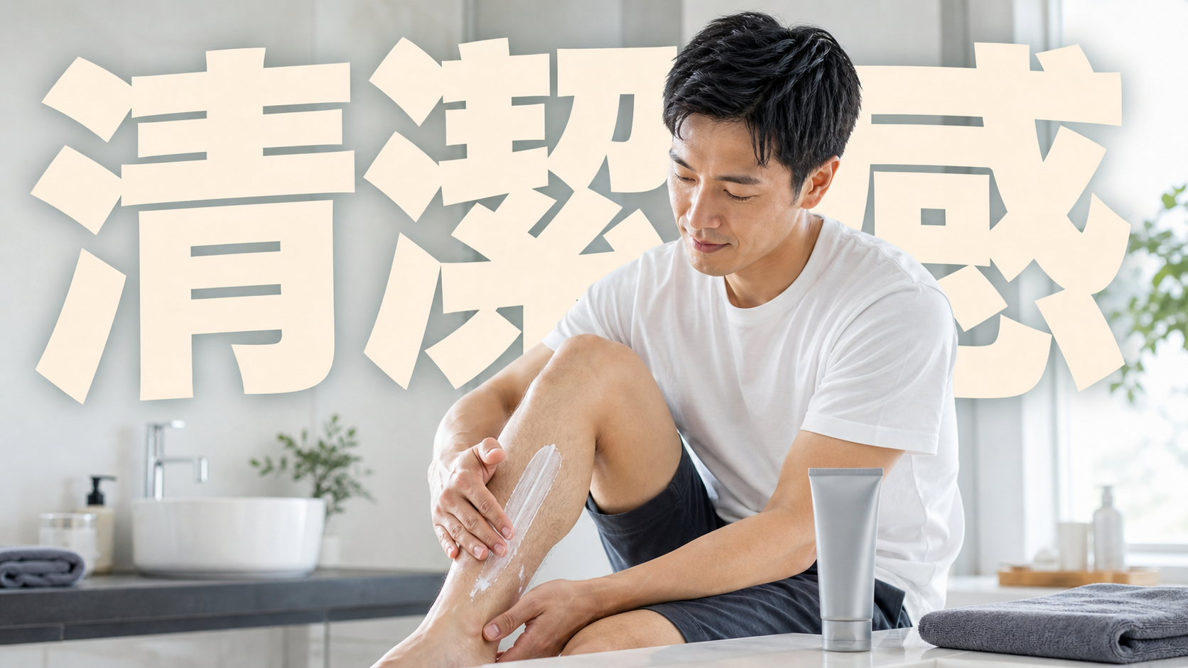男性が夏前に脚のムダ毛ケアをする清潔感のある生活シーン