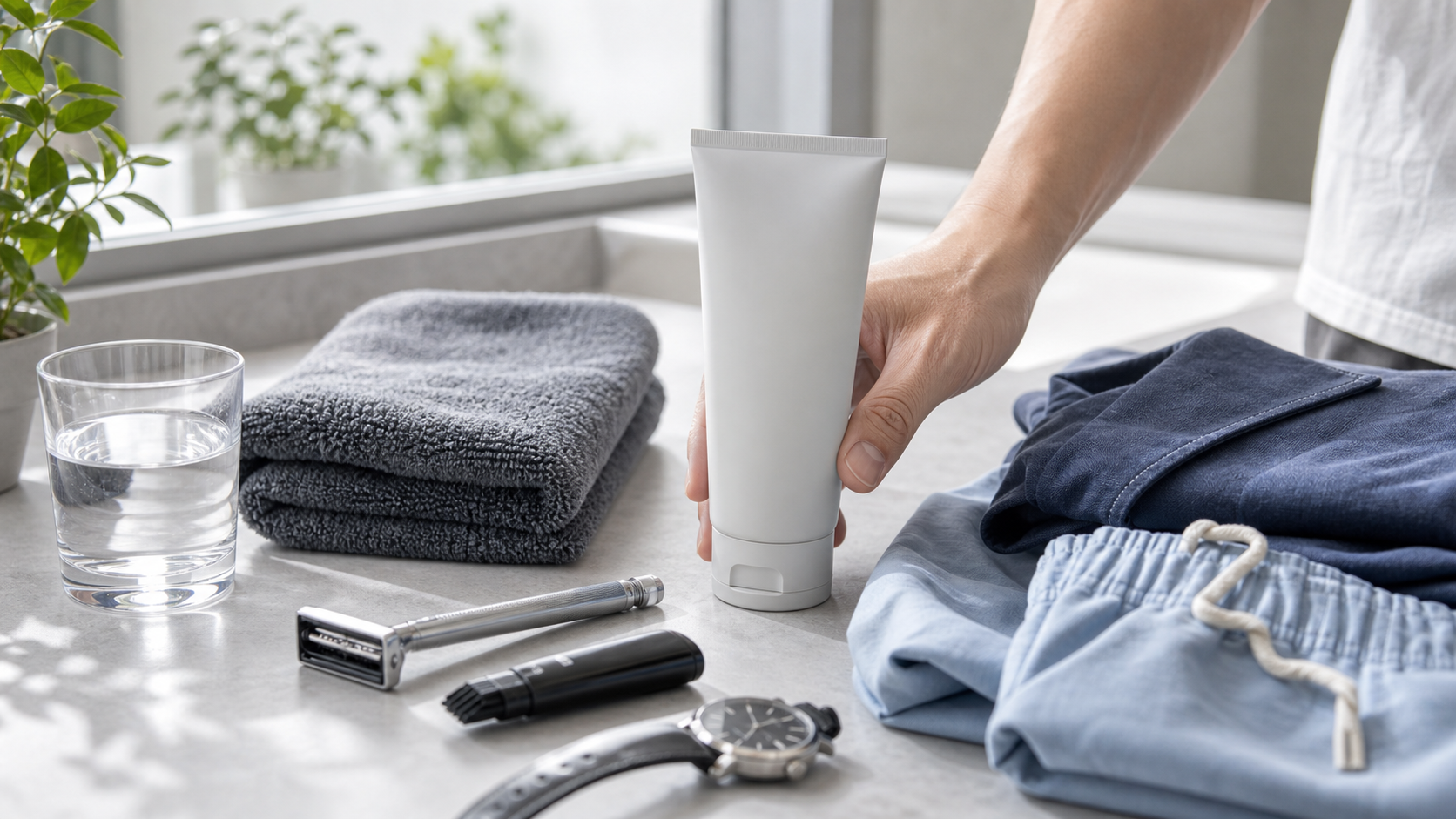 男性の除毛クリームと身だしなみ用品を並べた洗面台