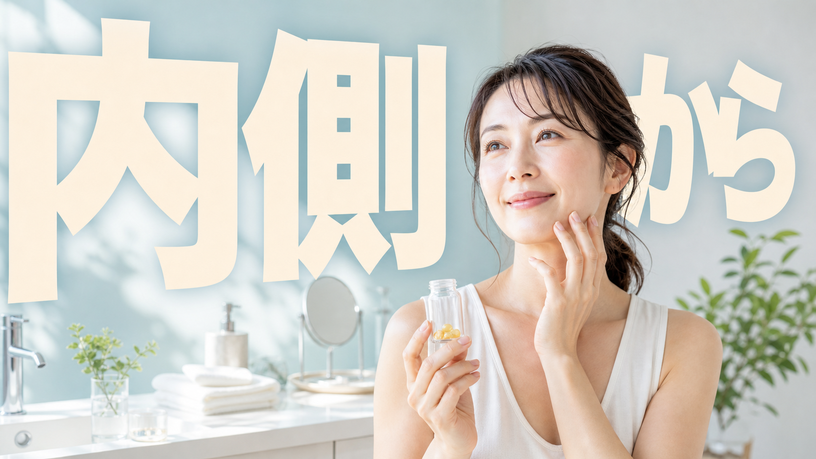 美容ビタミンを持つ日本人女性と大きな文字で内側からと書かれた生活シーン