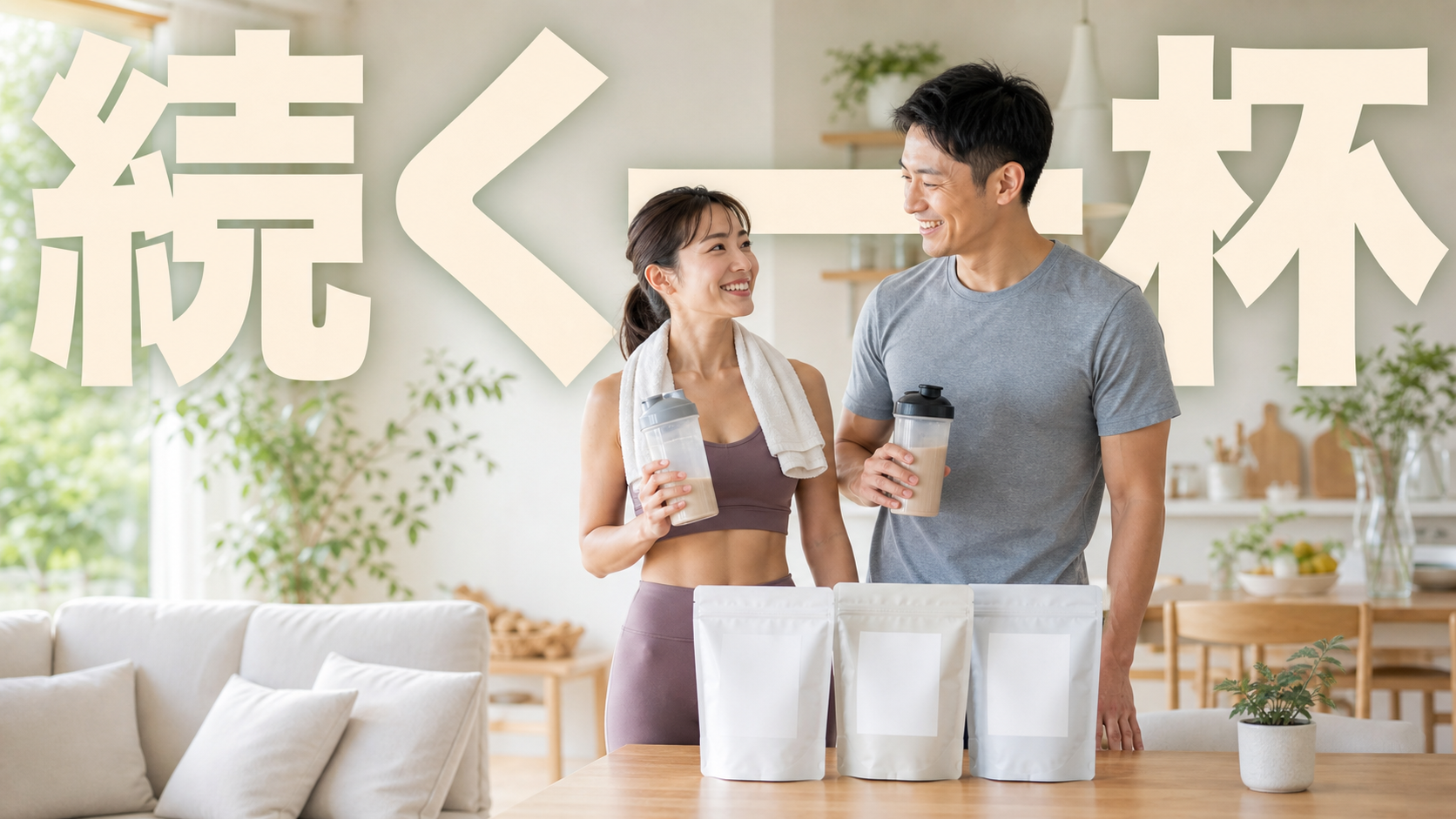 プロテインを持つ日本人夫婦と大きな文字で続く一杯と書かれた生活シーン