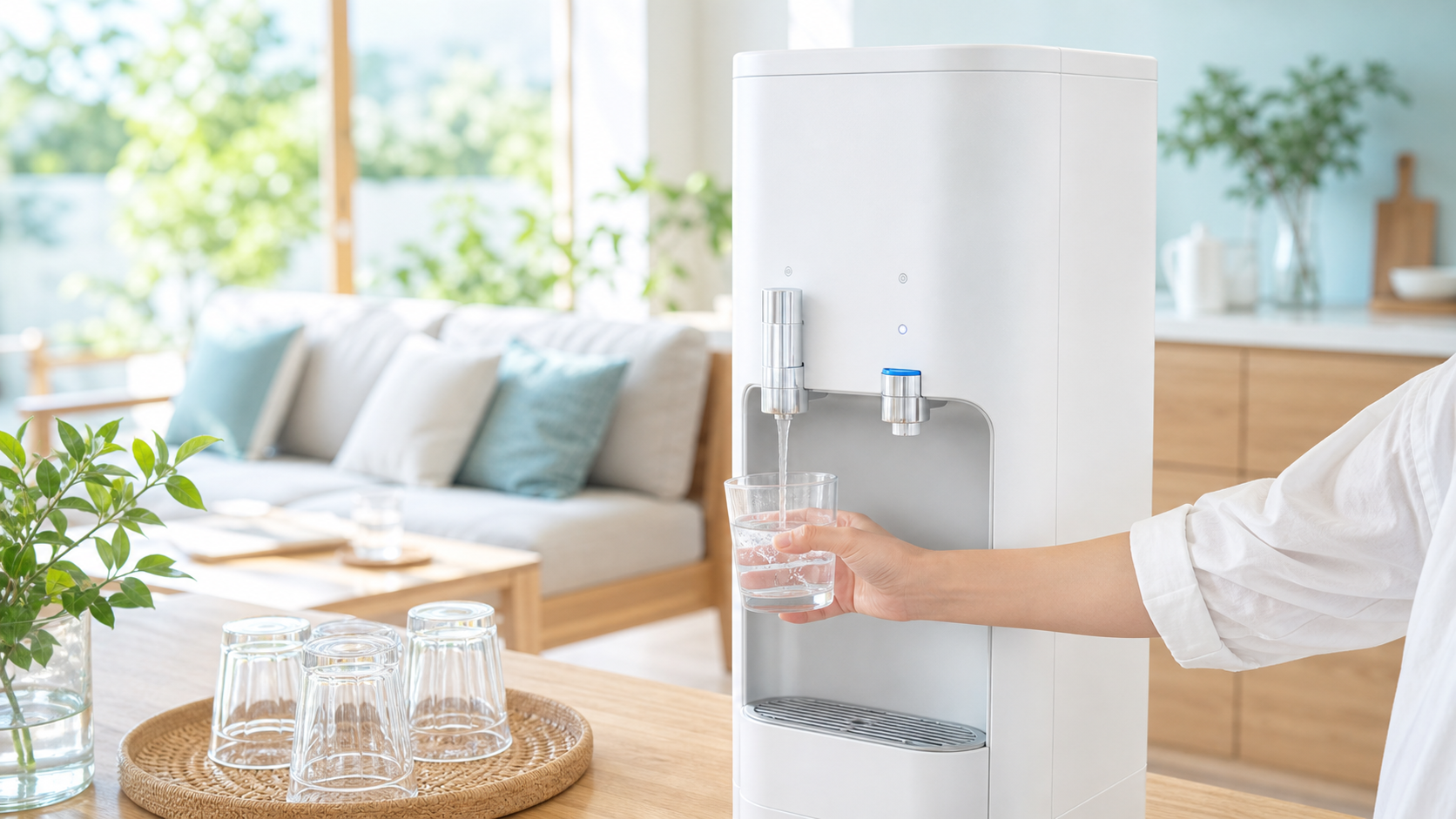 ウォーターサーバーから冷水をグラスに注ぐ明るいキッチンの手元